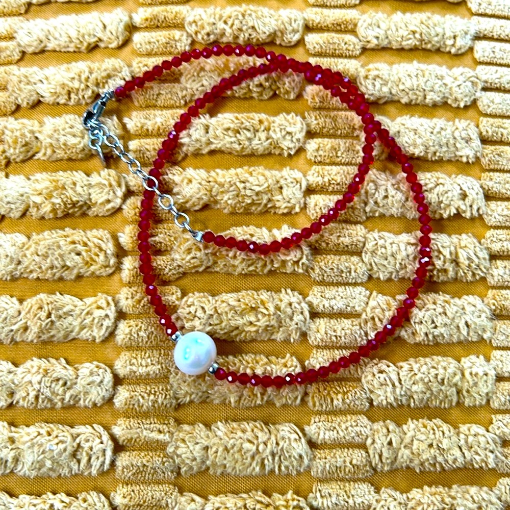Ruby Red Crystal and Pearl Necklace 18”